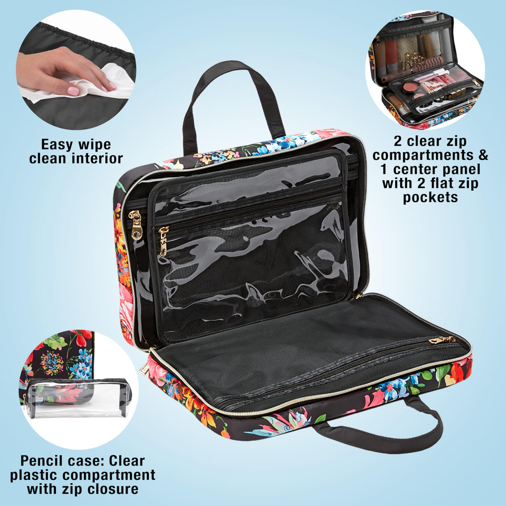 Travel Toiletry Bag with Handles (Black Floral / 1 Count (Pack of 1))