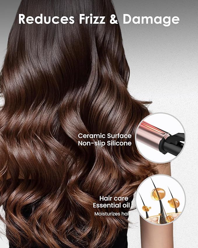 Curling Wand for Long Hair - Ceramic Tourmaline Barrel with 40000000 Negative Ions, Defined Curls and Easy to Use with Temperature Control for All Hair Types,