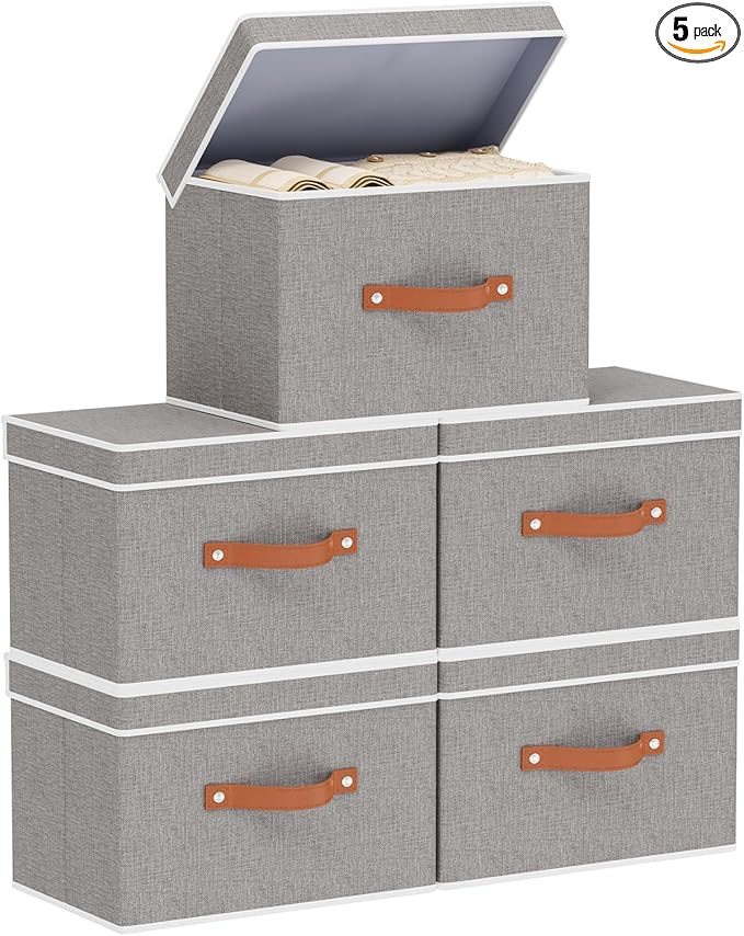 Collapsible Storage Bins with Lids, 5 Pack Linen Foldable Cloth Baskets by YheenLf