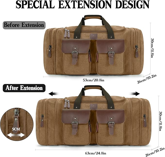 Canvas Duffle Bag for Men 50L Travel Duffel Bags Expandable Genuine Leather - Image 2