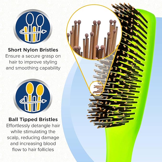 Giorgio GION1G Neon Green 7.75 inch Gentle Touch Detangler Hair Brush for Men Women. Soft Bristles for Sensitive Scalp. Wet and Dry for all Hair Types. Scalp Massager Brush Stimulate Hair Growth