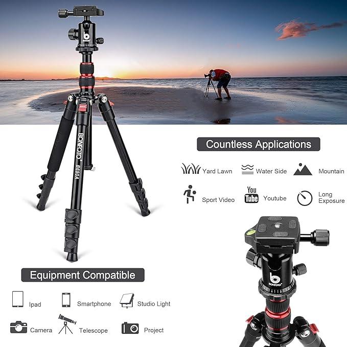 BONFOTO B690A Camera Tripod for Travel, Lightweight Aluminum Portable DSLR - Image 3