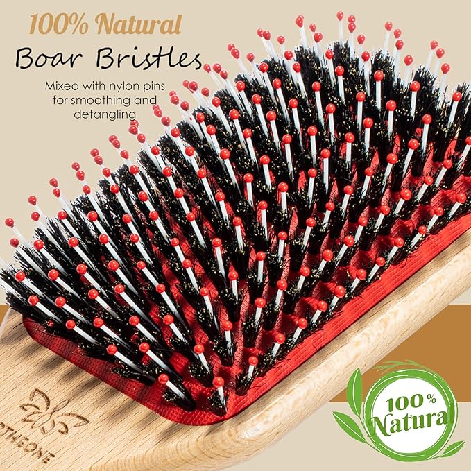 URTHEONE Hair Brush,Boar Bristle Hair Brushes and Hair Comb Set for Women Men Kids, Best Natural Wooden Paddle Hairbrush for Wet or Dry Hair
