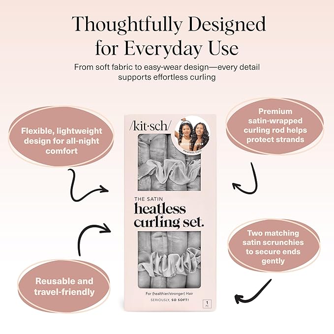 Kitsch Satin Heatless Curlers Set – Heatless Curls Overnight with 34" Hair Curler & 2 Satin Scrunchies, Comfortable No Heat Hair Curlers to Sleep In for Frizz-Free & Non-Damage Styling - Silver
