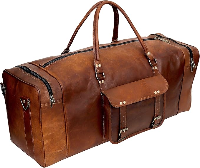 Leather 24 Inch Luggage Handmade Duffel Bag Carryall Weekender Travel Overnight - Image 3