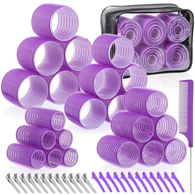 obeoby 4 Sizes Rollers Hair Curlers, 50 Pcs Set Jumbo Hair Rollers 25mm 36mm 48mm 60mm Self-Grip Hair Rollers with Clips, Curlers for Women Long, Short Hair and Bangs (Purple)