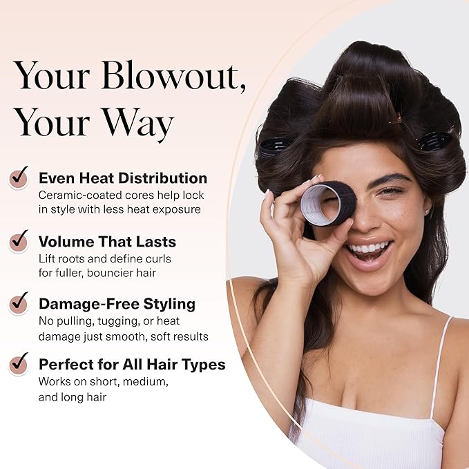 Kitsch Ceramic Thermal Hair Rollers for Women – Self Grip Hair Curlers for Heatless Curls Overnight - Volumizing Large Rollers for Short & Long Hair - For Long Lasting Frizz-Free Curls - Black, 8pcs