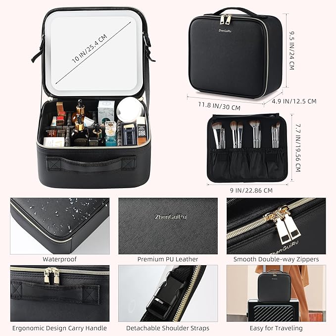 Travel Makeup Bag with LED Mirror – Waterproof Cosmetic Train Case with - Image 3