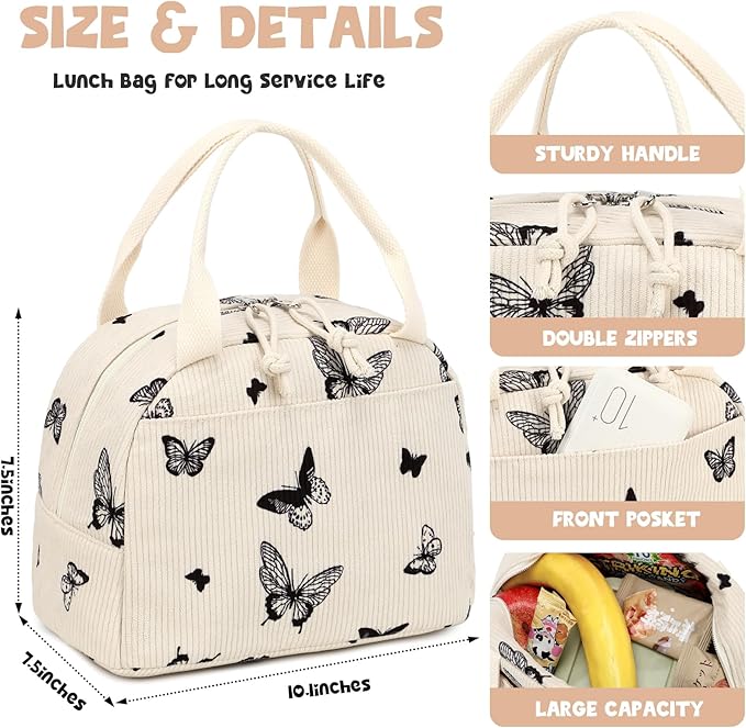 Bluboon Lunch Bag for Women Men Cute Corduroy Lunch Tote Bags Reusable - Image 6