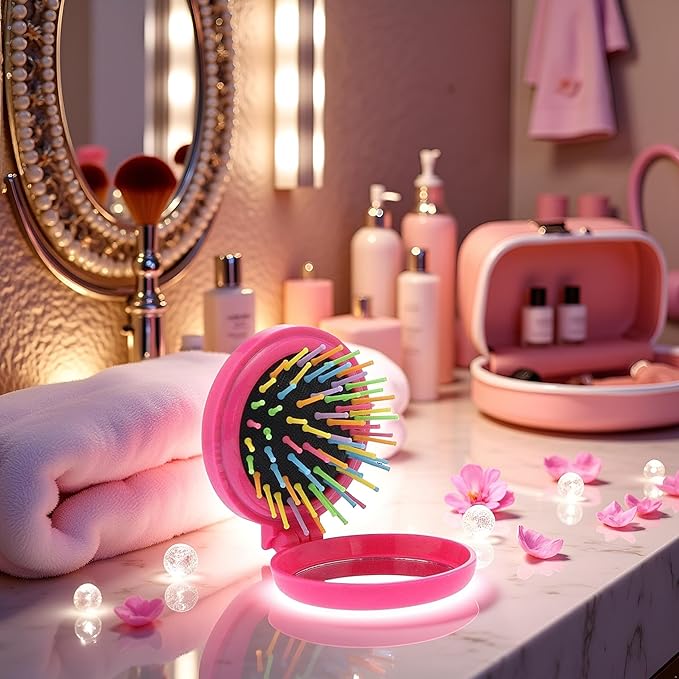 Pink Women Mini Round Folding Comb With Mirror Compact Travel Hairbrush Pop Up Brush Decor Candy-Colored Clamshell Airbag Comb Hair Brushes Styling Tools Appliances