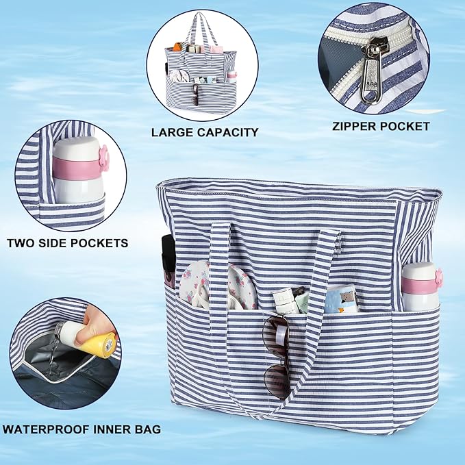LEDAOU Large Beach Tote Bag Women Waterproof Sandproof Zipper Beach Tote Bag - Image 8