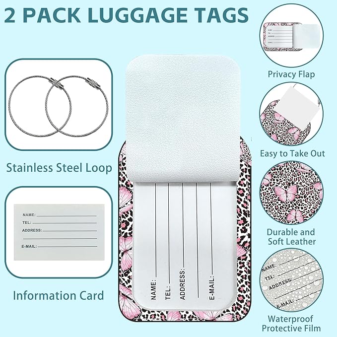 2 Pack Cute Luggage Tag for Suitcases Pink Butterfly and Leopard Leather - Image 2