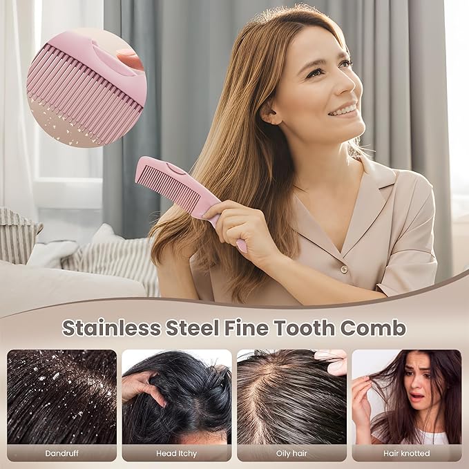 2PC Dandruff Comb Fine Tooth Scalp Detox Comb Lice Stainless Steel Scalp Detoxing Hair Brush Tool Hair Care for Women, Men & Kids (Pink)