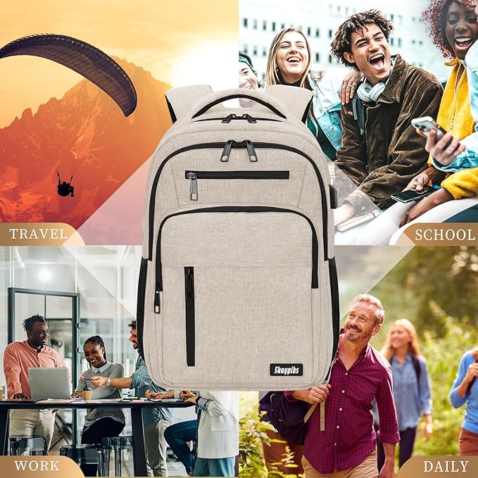 Beige Backpack for Men Women, School Backpack for Boys Girls Teens, 15.6 Inch - Image 6