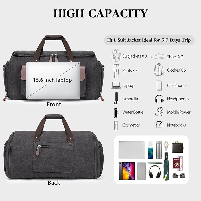Canvas Garment Bags for Travel, Convertible Carry On Garment Duffel Bag for Men - Image 4