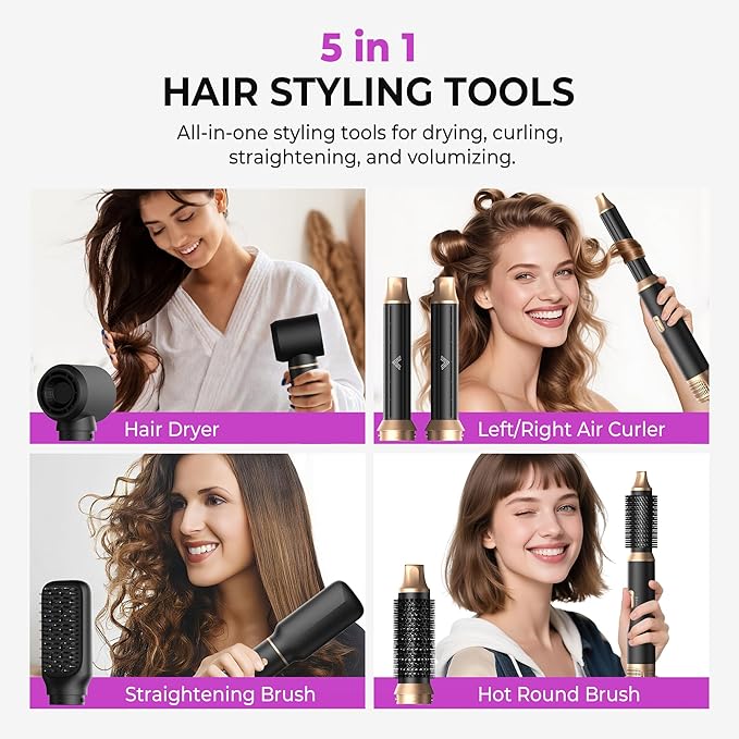 UKliss 5 in 1 Hair Styler & Blow Dryer Brush, Upgraded Detachable Hair Dryer Brush with Negative Ion, Air Curling Wrap for Drying, Curling, Straightening & Volumizing, Styling Tools for All Hair Types