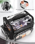 Makeup Brush Bag, Makeup Brush Case for Makeup Artist with Plastic Dividers Washable, Portable Travel Makeup Train Case with Clear Waterproof Cover for Easy to Clean and Find with Adjustable Strap