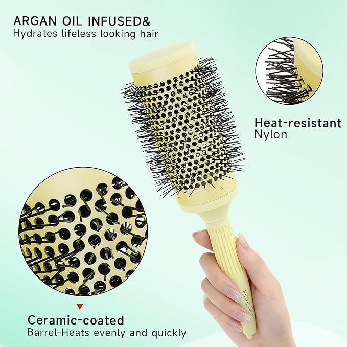 Fast Dry Round Brush with Ceramic Ion Thermal Barrel and Nylon Bristles,Argan oil Round Hair Brush for Blow Drying,Styling,Curling,Straightening, Perfect Styling .for All Hair Types-53mm