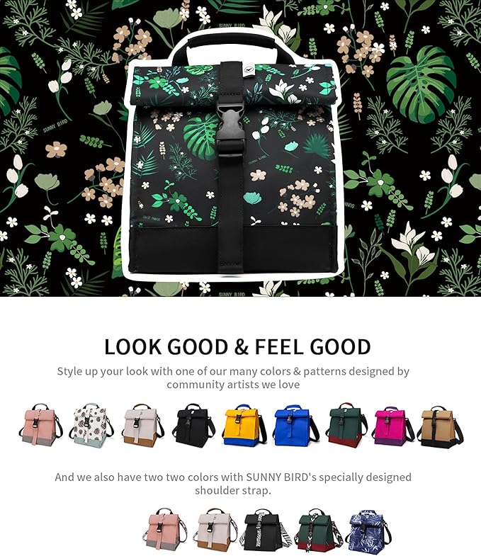 SUNNY BIRD Insulated Lunch Bag Rolltop Lunch Box Tote Bag - Image 7
