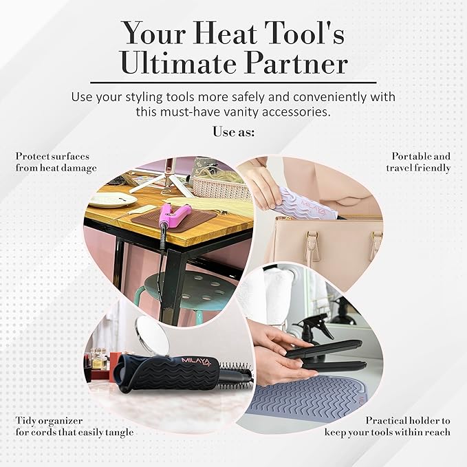 Vanity Accessories Heat Resistant Mat – Silicone Flat Iron & Curling Iron Holder, Non-Slip Vanity Mat & Hot Tool Mat for Home, Salon, or Travel Use