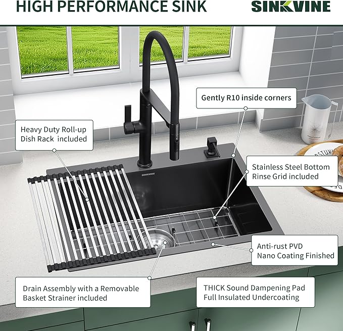 Black Kitchen Sink Drop-In 22 x 18 inch, SINKVINE PVD Nano Stainless Steel Bar - Image 7