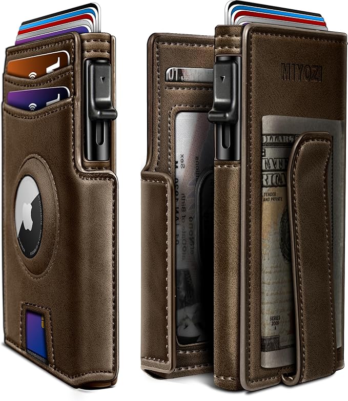 Airtag Wallet for Men, with Money Clip 10 Cards Metal Case Smart Slim Pop Up by Miyozi