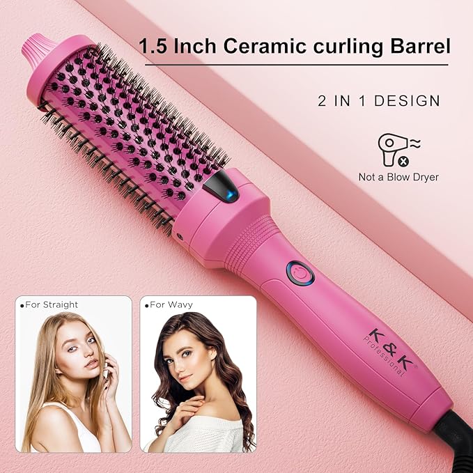 K&K Thermal Brush, 1.5 Inch Ionic Heated Round Brush, Professional Heated Ceramic Tourmaline Coating Curling Iron, Hot Styling Volumizing Tool, Dual Voltage, Pink