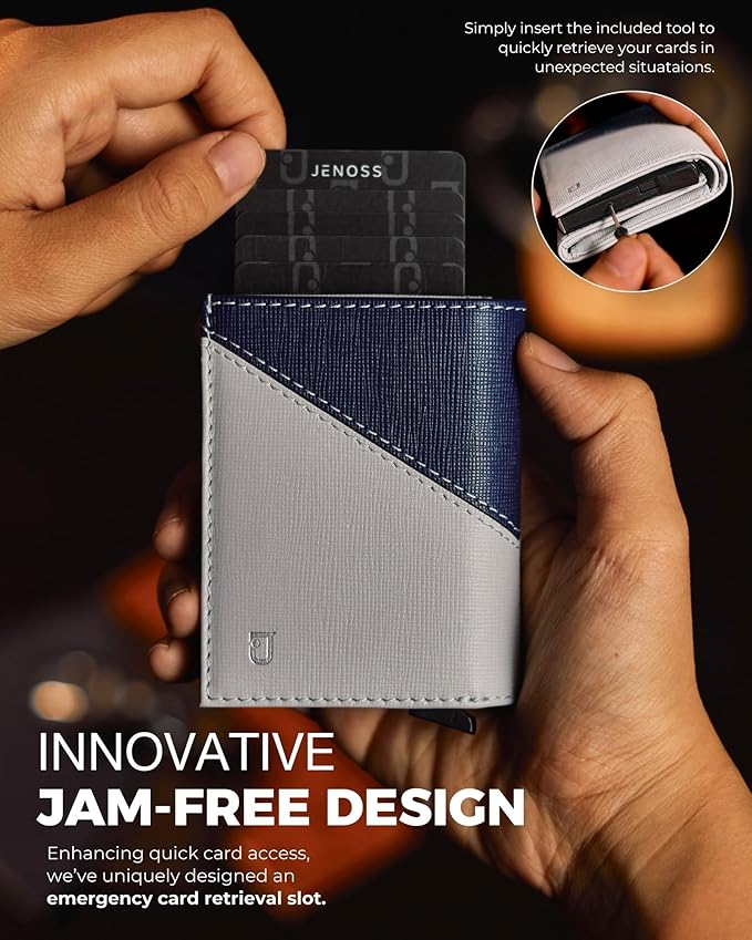 Jenoss Smart Wallet For Men: Full Grain Leather, Handcrafted, Slide Metal Pop - Image 3