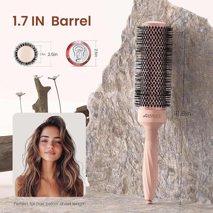 AIMIKE Round Brush for Blow out, Rose Luxe Extra-Long Round Hair Brush Ionic & Nano Thermal Ceramic Tech, for Blow Drying & Styling Volumizing Thick Long Hair, with 4 Clips (Barrel 1.7", Bristle 2.5")