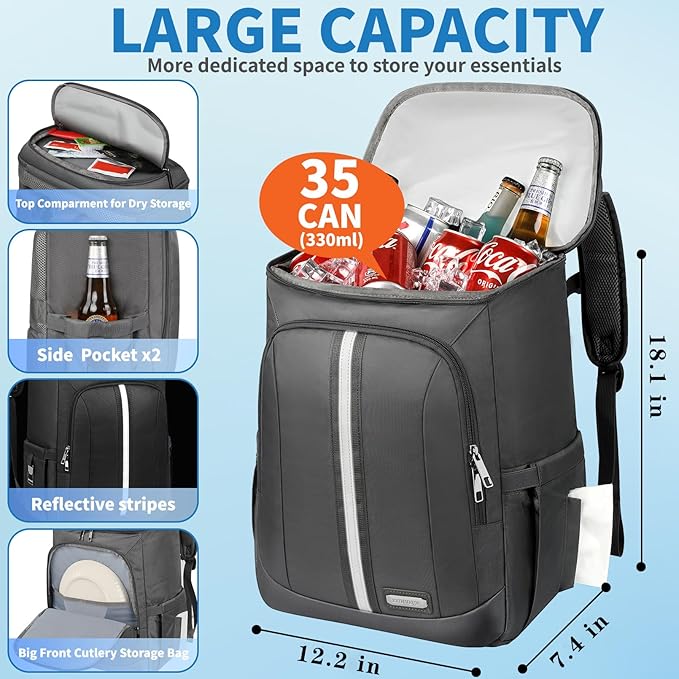 Backpack Cooler Insulated Leak Proof 35 Cans, 2 Insulated Compartments Thermal - Image 2