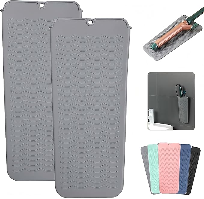 2 Pcs Professional Silicone Heat Resistant Mat Pouch for Curling Iron, Flat Iron and Other Hot Tools, Portable Travel Mat and Cover for Hair Styling Tools with Hanging Hole (2PCS Grey)