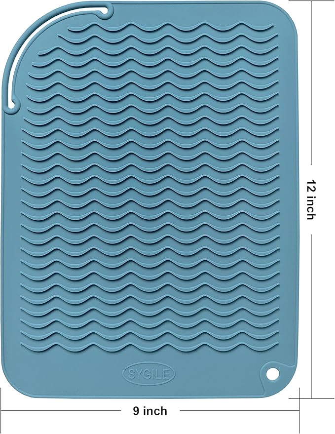 12" X 9" Large Heat Resistant Silicone Mat for Hair Styling Tools, Curling Iron Mat, Flat Iron Holder, Hair Straightener Pad, Makeup Mat, Hot Tools Mat for Travel Vanity Salon - Dusty Blue