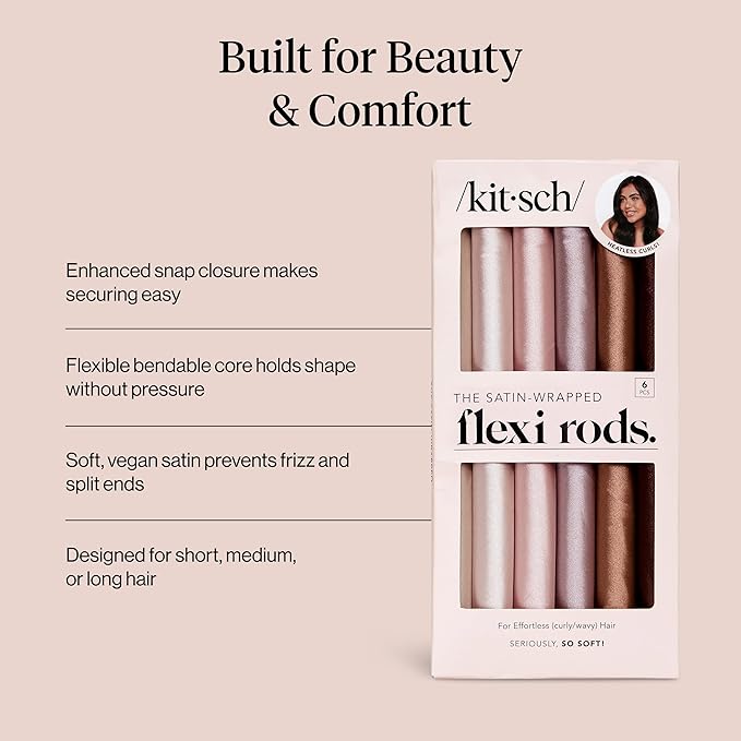 Kitsch Satin Heatless Hair Curlers – No Heat Hair Curlers to Sleep In for Overnight Curls – Soft Heatless Curling Rods for Women with Short & Long Hair - Alternative to Heat Styling – 6 pcs, Rosewood