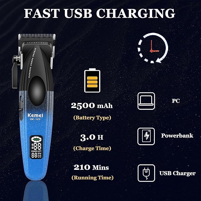 KEMEI 1670 Professional Hair Clippers for Men, Cordless Barber Clipper with LED Display, 9000 RPM Clippers for Hair Cutting with Charging Base