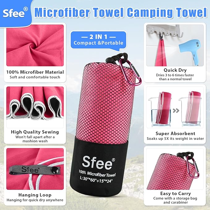 Sfee 2 Pack Microfiber Travel Towel, Quick Dry Towel Camping Beach Towel Super - Image 2
