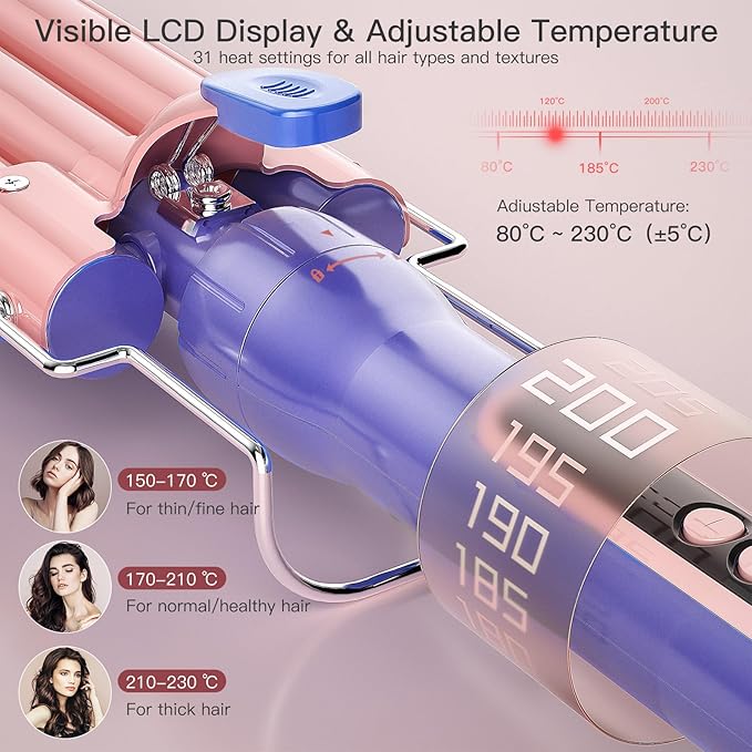Brightup PRO 5-in-1 Curling Iron Wand with LCD Display, Ceramic Hair Waiver Curler with 3 Barrels & Negative Ions for Frizz-Free, Salon-Level Waves and Curls, Tangle-Free Swivel Cord