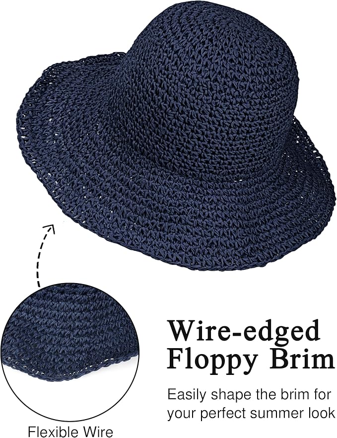 Womens Wide Brim Straw Sun Hat Foldable Floppy Crochet Beach Hat - Image 4