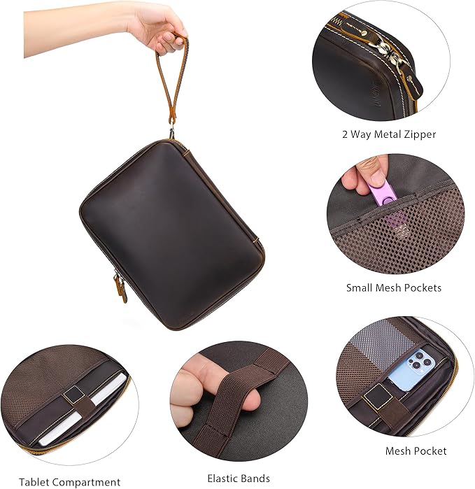 LANNSYNE Full Grain Leather Electronic Organizer Accessory Travel Tech Pouch - Image 7