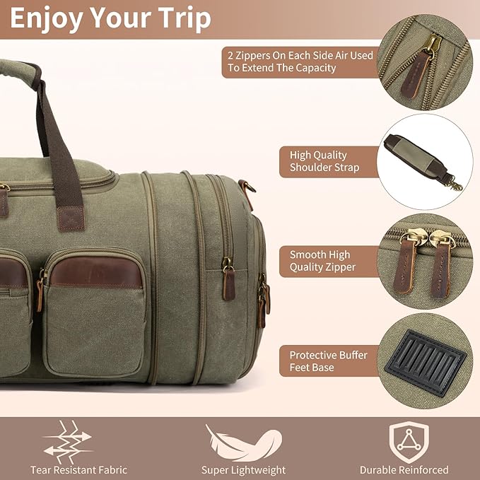 Mens Duffle Bag for Travel 60L Expandable Canvas Weekender Overnight Travel - Image 2