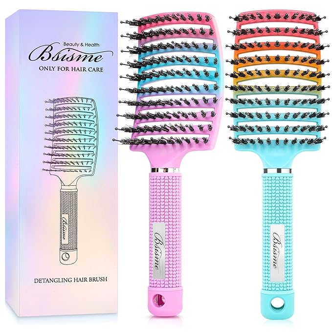 Boar Bristle Hair Brush Curved Vented Detangler Brush Faster Blow Drying, Paddle Detangling Brush for Women Men Kids Wet Dry Long Curly Thick Straight Hair, Make Hair Shiny and Healthier(Purple+Green)