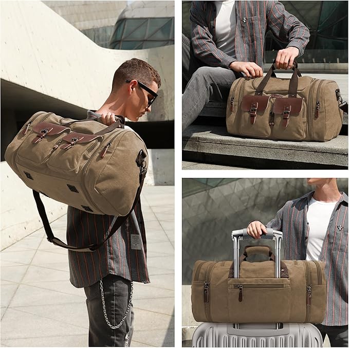 Wildroad 50L Travel Duffel Bag, Expandable Canvas Genuine Leather Duffle Bag - Image 3