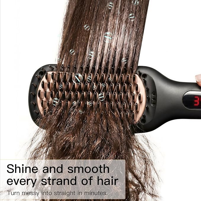 MEGAWISE Pro Ceramic Ionic Hair Straightener Brush for Home Salon | MCH Fast 20s Heating Tech with Auto-Off Safety | Anti-Scald with Universal Dual Voltage | Rotatable Power Cord (Black)