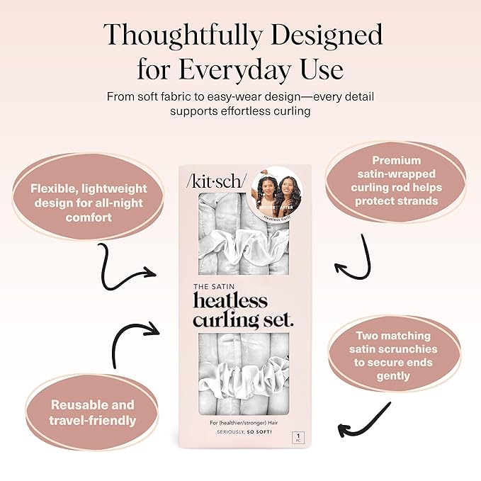 Kitsch Satin Heatless Curlers Set – Heatless Curls Overnight with 34" Hair Curler & 2 Satin Scrunchies, Comfortable No Heat Hair Curlers to Sleep In for Frizz-Free & Non-Damage Styling - Ivory