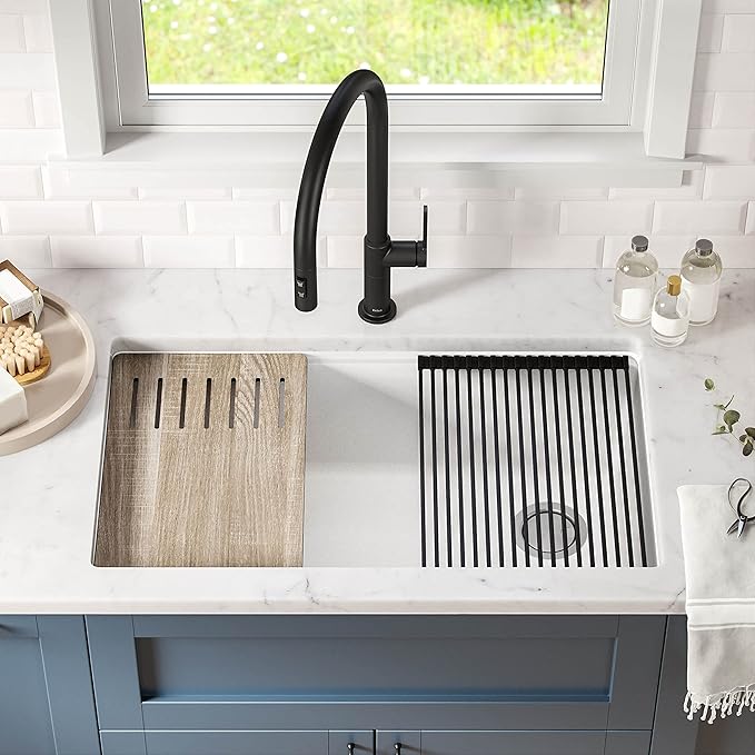 KRAUS Kitchen Sink Bellucci 32” Undermount Workstation Granite, Metallic White - Image 2