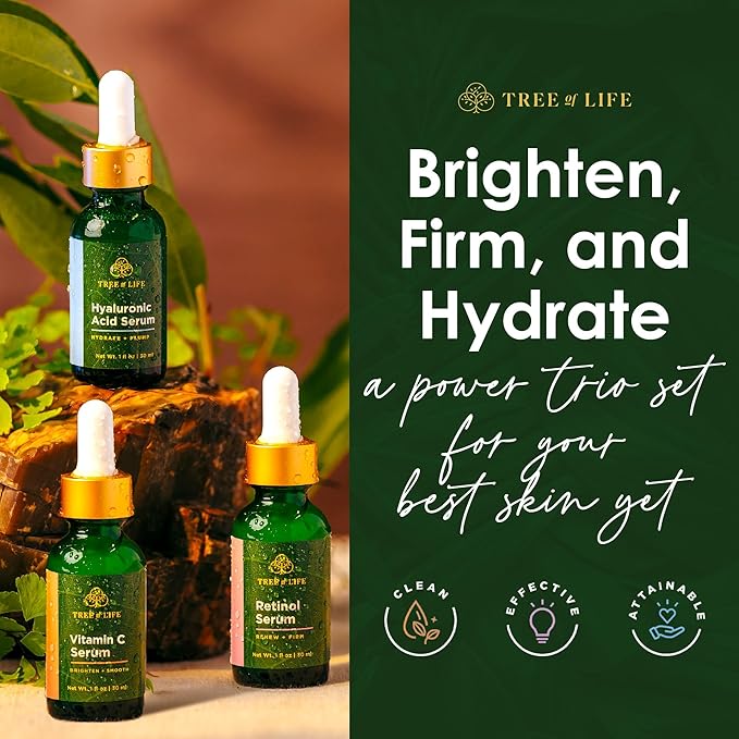 Tree of Life Beauty Facial Skin Care Set, Firming, Hydrating, Dry Face, Dermatologist Tested - Trio Power Kit, Vitamin C, Retinol and Hyaluronic Acid, 3 count of 1 Fl Oz