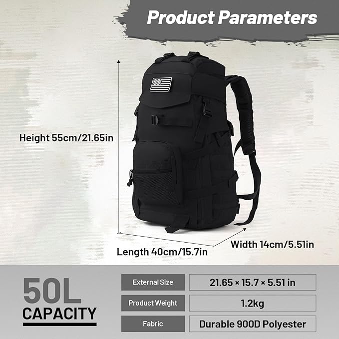 50L Tactical Backpack for Men and Women, Water-Resistant Molle Rucksack - Image 3
