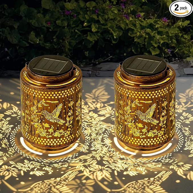 2 Pack Solar Lanterns Outdoor Waterproof Hummingbird and Iris Hanging Garden by Adebime