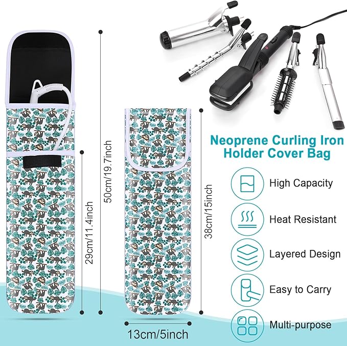 Shappy 2 Pcs Heat Resistant Hair Tools Bag Curling Iron Travel Case Cover Neoprene Flat Iron Holder Travel Case and Silicone Mat Pouch for Hot Hair Tools Storage Organizer(Sloth Style)