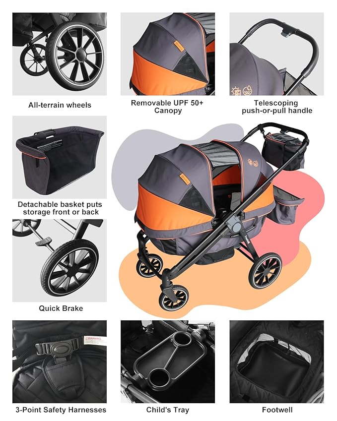 Tandem Wagon Stroller – All-Terrain 2-in-1 Push & Pull Design, Double Seat - Image 7