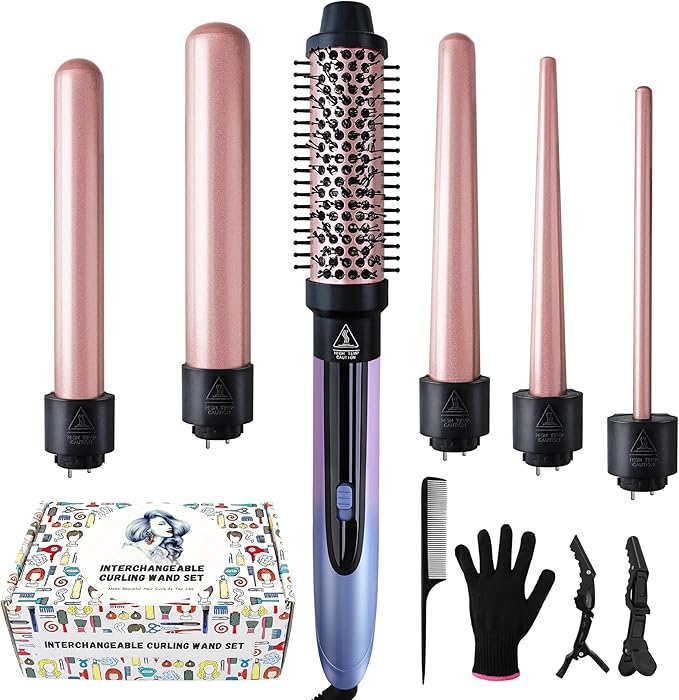 Curling Iron Set, 6 in 1 Hair Curling Wand with Curling Brush and 5 Interchangeable Ceramic Curling Wand(0.35'-1.25') Tourmaline Hair Curler, Instant Heat Up Curling Iron for Long Hair Women